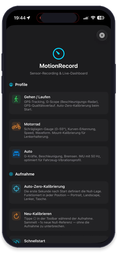 MotionRecord: Profiles – Motorcycle, walking & car
