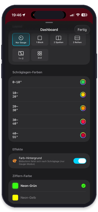MotionRecord: Live Dashboard – Lean-angle gauge with 5 color zones